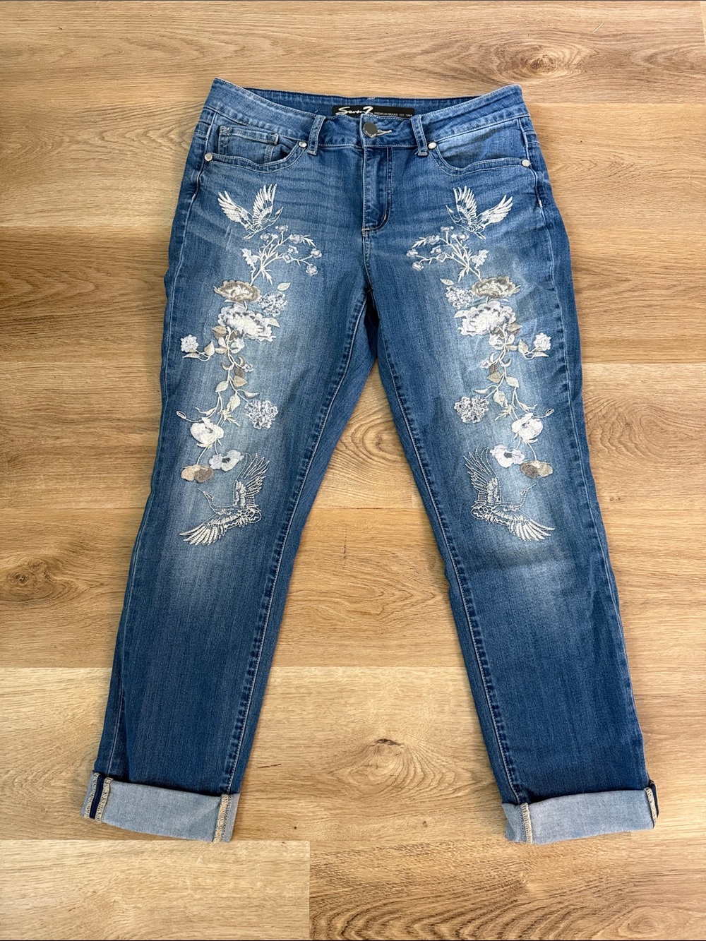 Seven7 Blue Straight-Leg Jeans with Embroidered Floral & Bird Motif
